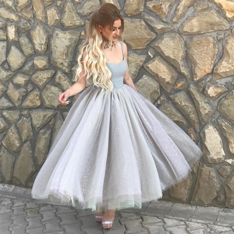 Simple A Line Silver Tulle Swing Ball Gown Party Dresses High-Low Hemline Casual