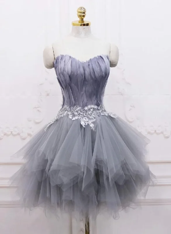 Light Grey Feather and Tulle Short Party Dress, Lovely Homecoming Dress Tunics Top Casual