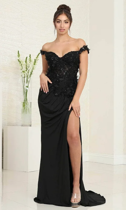 May Queen RQ8110 - Applique Sheath Prom Dress Turtleneck Neckline Stylish