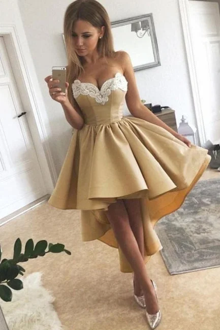 Charming Sweetheart Lace Hi-Lo Homecoming Dress Gold Sleveless Short Party Dress with Appliques Turtleneck Warm Winter