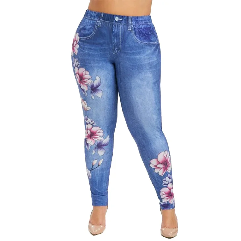 6XL Plus Size Women Floral Print Long Pant Imitation Denim Pants Ladies Zipper Tights Pant Female spodnie damskie Streetwear D30 Comfortable Denim Trousers