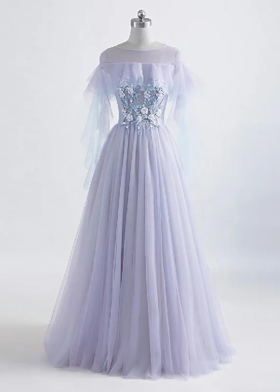 Lavender Off Shoulder Flower Lace Long Party Dress, A-line Purple Prom Dress Formal Dress Tunics Sale discount