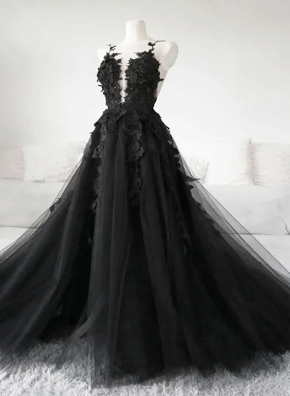 Black Tulle Party Dress with Lace Long Prom Dress Pretty Black Evening Dress Tunics Cozy comfortable