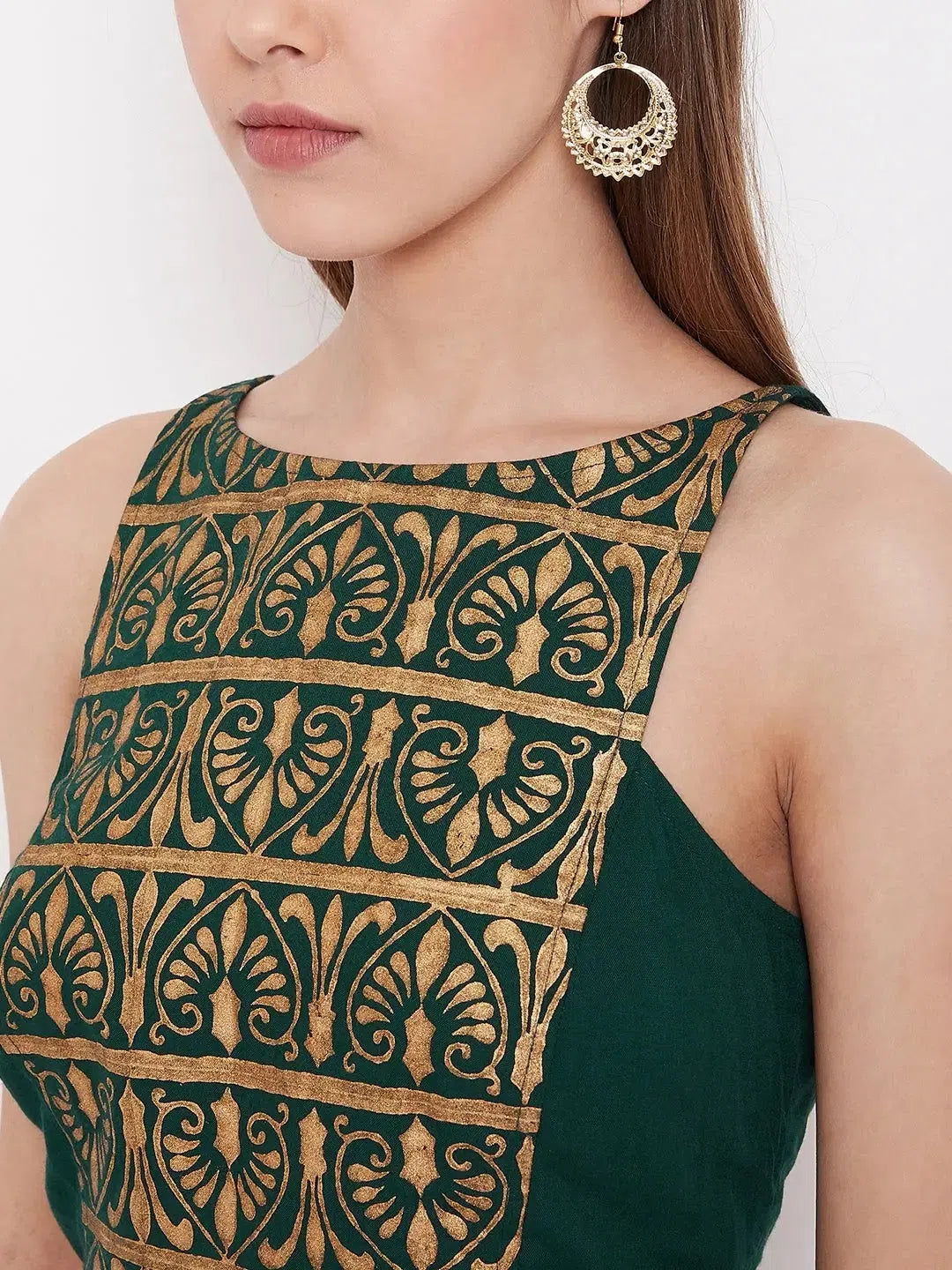 In cut crop top with low crotch dhoti in Bottle Green Solid Print Embellished