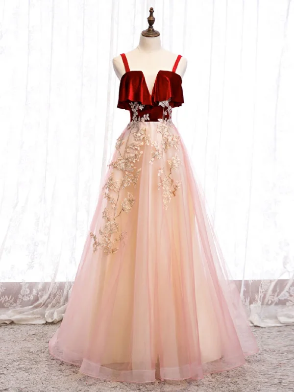 Pink Tulle and Velvet Long Lace Applique Straps Floor Length Party Dress, A-line Long Pink Prom Dress Tunics Top rated