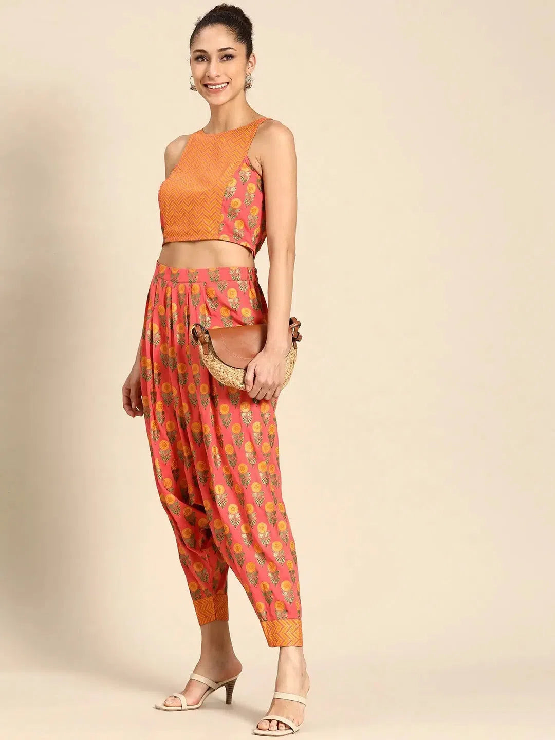 Crop top with dhoti pants in Peach Embroidered Appliqued Beaded