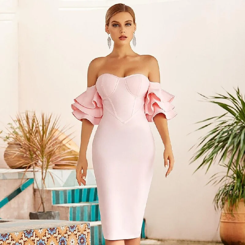 Pink Off Shoulder Butterfly Short Sleeve Celebrity Runway Party Dress Tunics Fashionable trendy