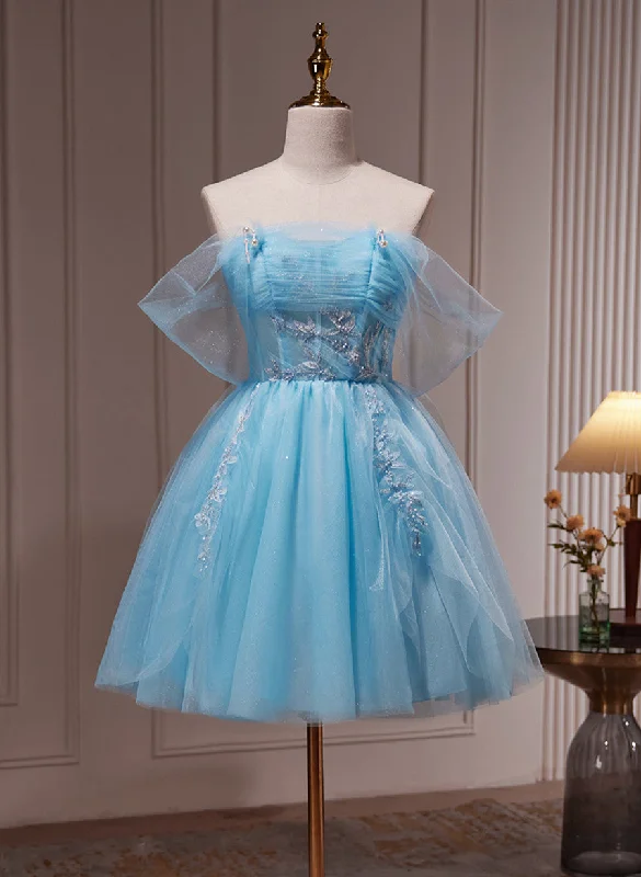 Light Blue Beaded Sweetheart Tulle Lace-up Party Dress, Blue Short Homecoming Dress Tunics Yoga stretchy