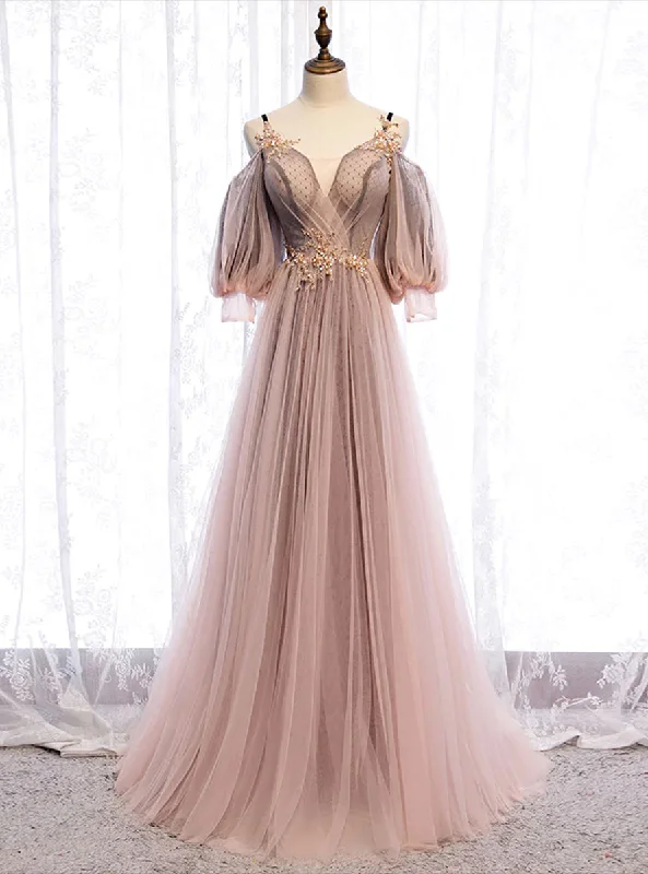 Long Sleeves Pink Tulle Long Party Dress with Lace, Pink Floor Length Prom Dress Tunics Fashionable trendy