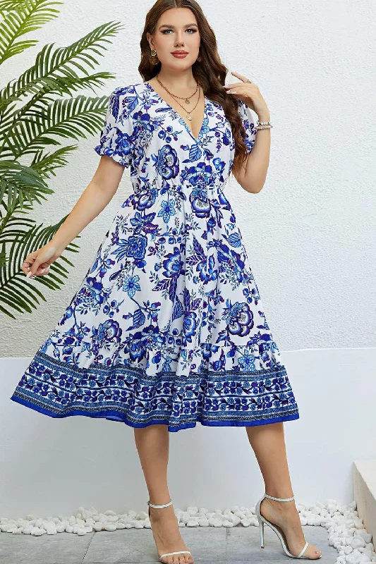 Floral Flounce Sleeve Surplice Dress Tunics Luxurious premium