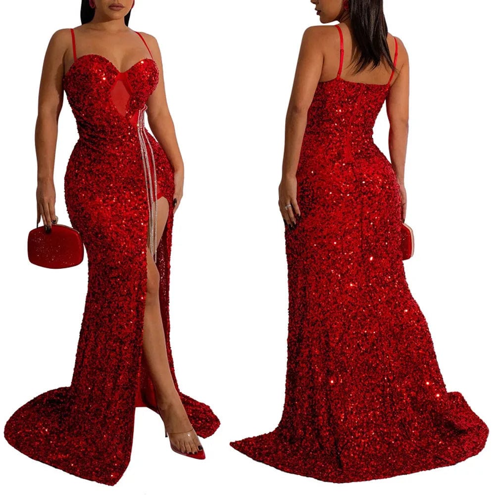 Women Sexy Solid Color Spaghetti Strap Sequin Design Glitter Floor Length Party Dress Tunics Office stylish