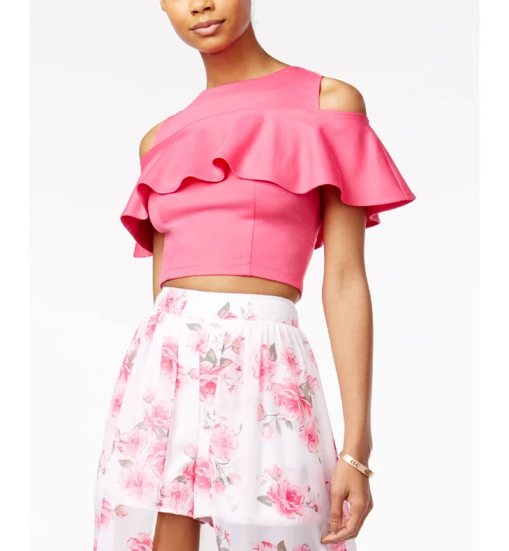 The Edit By Seventeen Juniors Ruffled Cold Shoulder Crop Top Satin Fabric Silk Fabric Chiffon Fabric