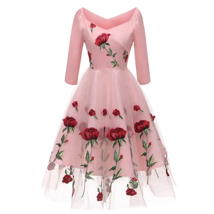 Elegant V-neck Three Quarter Sleeves Knee-length Women Party Dresses Romantic Rose Floral Embroidery Lace Tulle Dress Tunics Spring floral