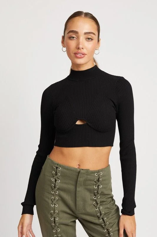 Mock Neck Crop Top With Cut Out Hooded Caped Shawl Collar