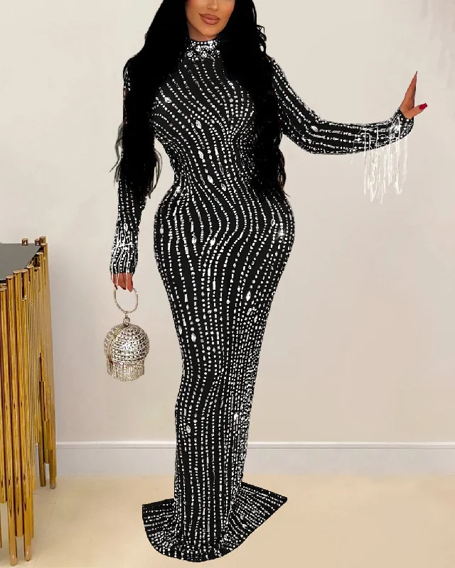 Women's Fashion Solid Color Sexy Tight Mesh See-through Rhinestone Suspender Party Dress Mermaid Tail Wedding