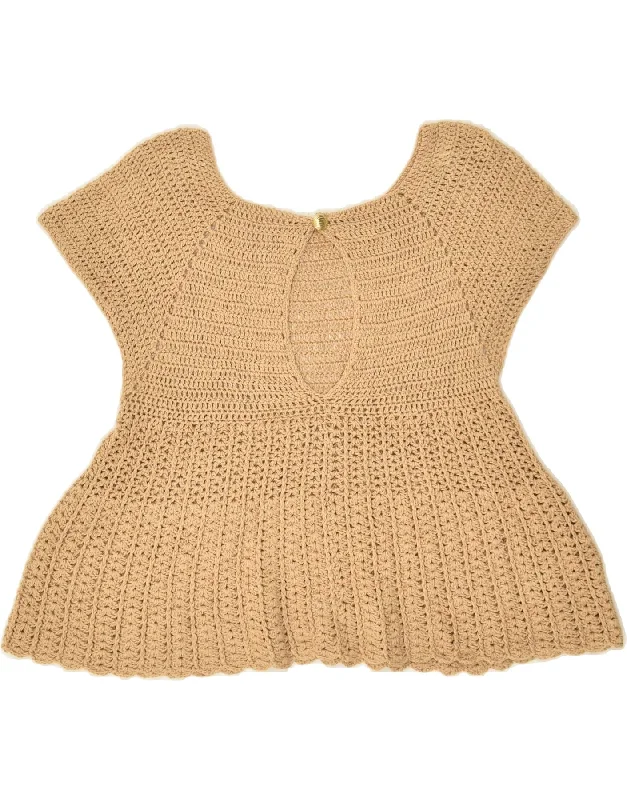 VINTAGE Womens Crochet Crop Top UK 4 XS Beige Houndstooth Herringbone Solid