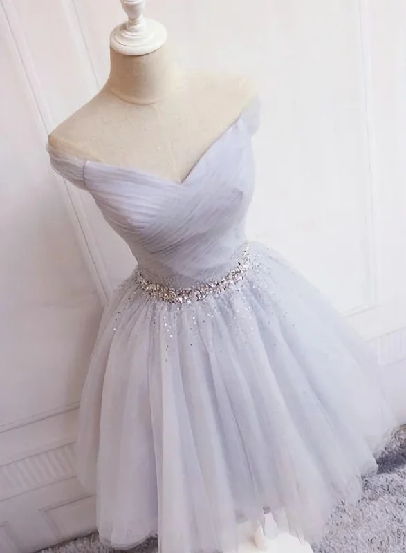 Charming Sliver Grey Short Beaded Tulle Party Dress, Homecoming Dress Pencil Length Work