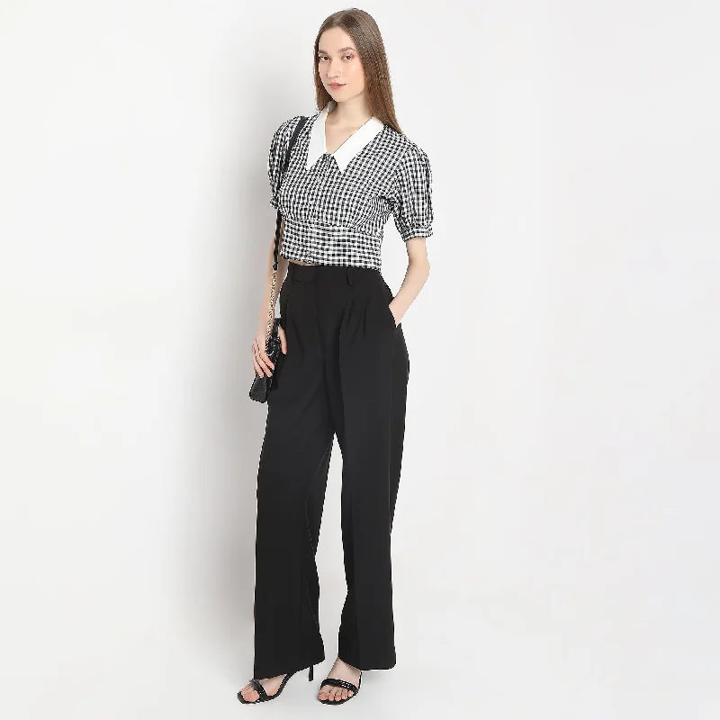 Checkered Gingham White Collar Puff Sleeve Crop Top Chenille Brocade Lace