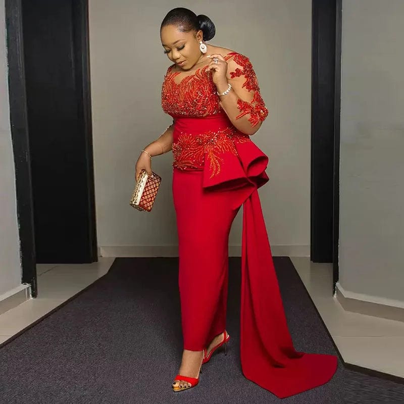 Plus Size Arabic Aso Ebi Prom Dresses Red Lace Appliques Sheer Long Sleeves Sheath Evening Gowns Sweep Train Women Party Dress Tunics Fleece cozy