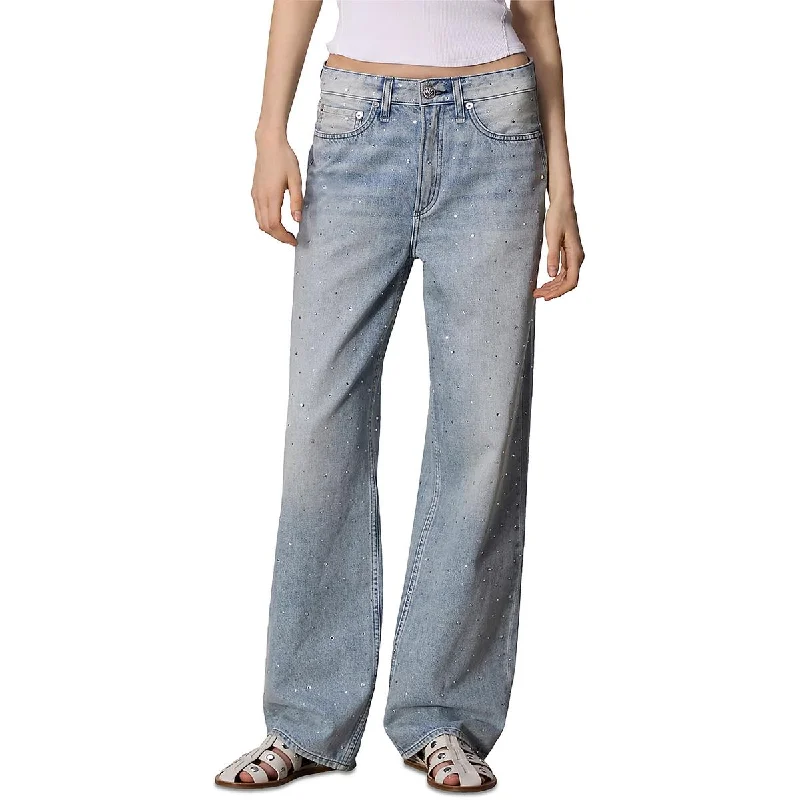 Womens Mid-Rise Light Wash Wide Leg Pants High-Waist Jeans