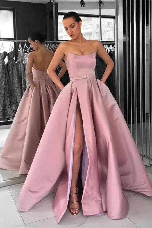 Fashion Pink Strapless Open Back Long Satin Prom Dress Party Dress Tunics Fleece cozy