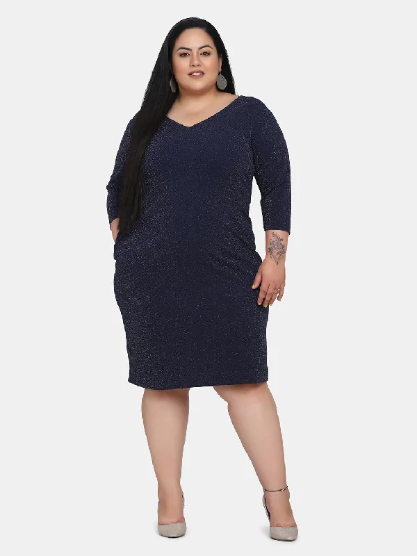 Plus size Shimmery Stretch Party Dress - Navy Blue Tunics Sophisticated sleek