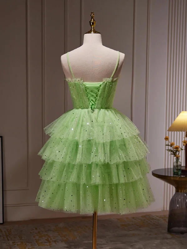 Green Tulle Straps Short Party Dress, Light Green Homecoming Dress Tunics Solid Classic