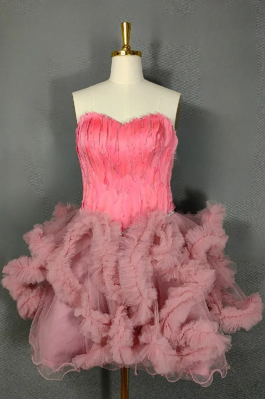 Pink Homecoming Dresses Sweetheart Neck Short Prom Dresses A Line Party Dress with Feather Tunics Modern contemporary