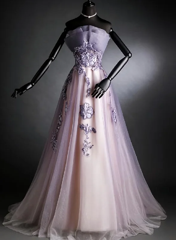 Purple Tulle Long Gradient Party Dress with Flower Lace Applique, Light Purple Prom Dresses Tunics Recommended stylist