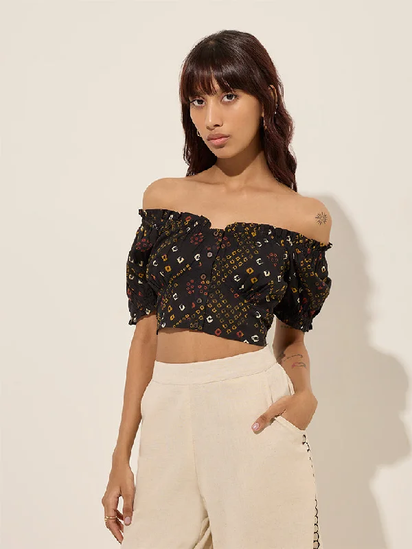 Bombay Paisley Black Printed Cotton Crop Top Crop Top Seamless Stretchy