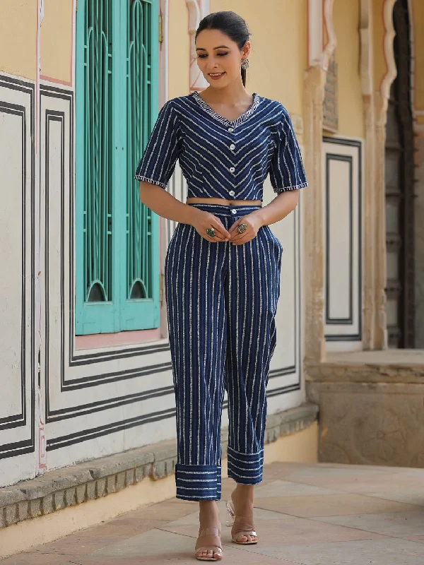 Jashvi Navy blue Striped Printed cotton flex Crop Top & Pants Set With Thread Work Chenille Fabric Brocade Fabric Lace Fabric