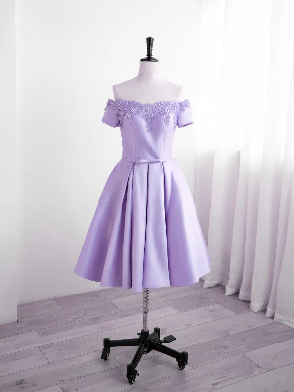 Light Purple Satin Short Party Dress with Lace, Cute Short Homecoming Dress Tunics Velvet soft