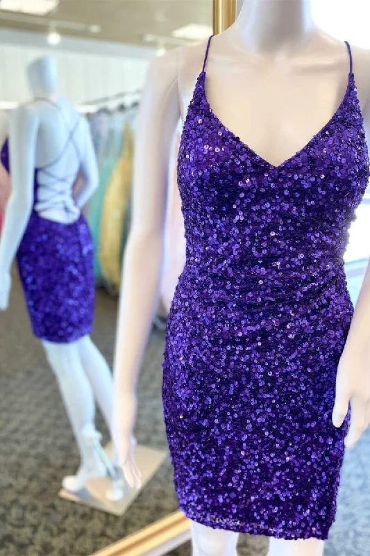 Short Purple Sequined V-Neck Party Dress Homecoming Dresses Tunics Trendy modern