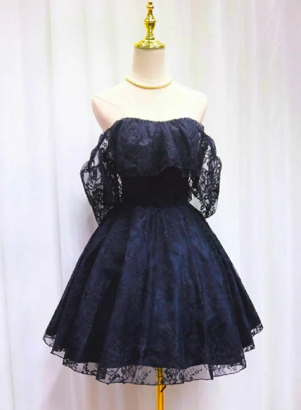 Blue Lace Off Shoulder Short Party Dress, Blue Homecoming Dress Party Dresses Tunics Silk luxurious