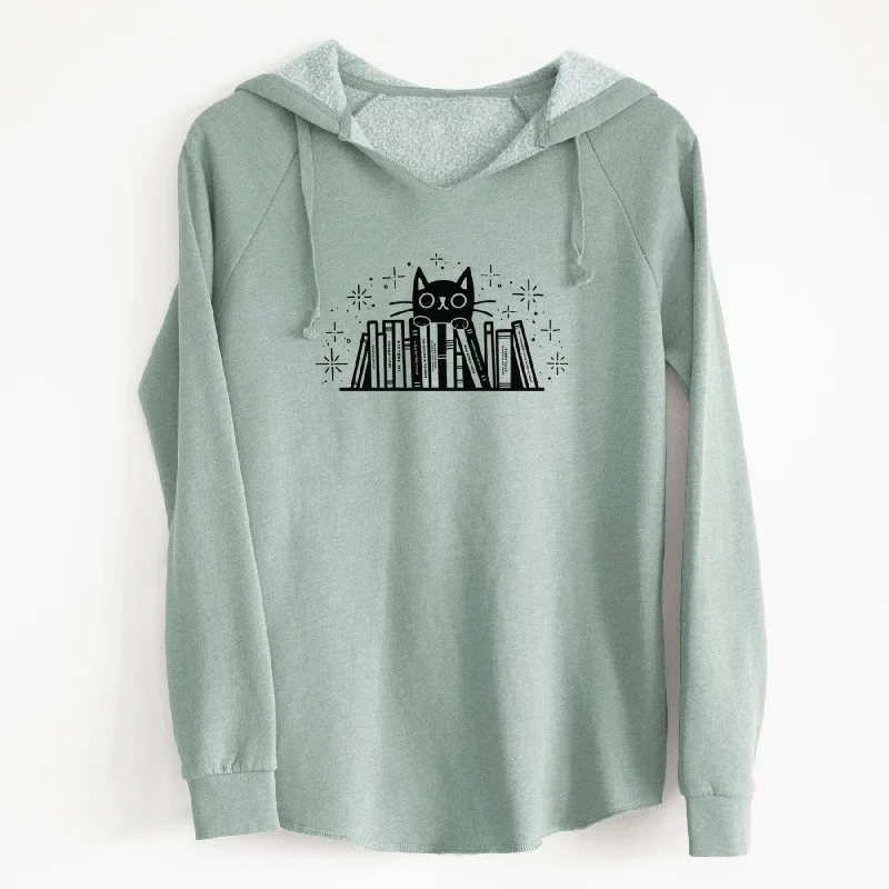 Kitty Library - Black Cat Behind Books - Cali Wave Hooded Sweatshirt Zip Hoodie Drawstring Kangaroo Pocket