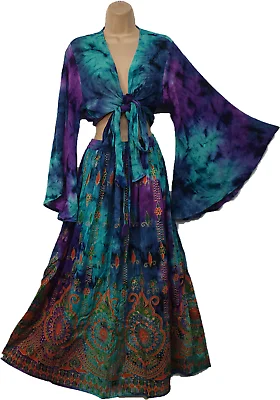 Bohemian Blue & Purple Tie Dye 2 Piece Crop Top & Maxi Skirt Set Asymmetrical Pockets Print