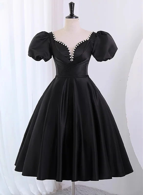 Black Satin Short Sleeves Knee Length Party Dress, Black Homecoming Dress Tunics Hiking breathable