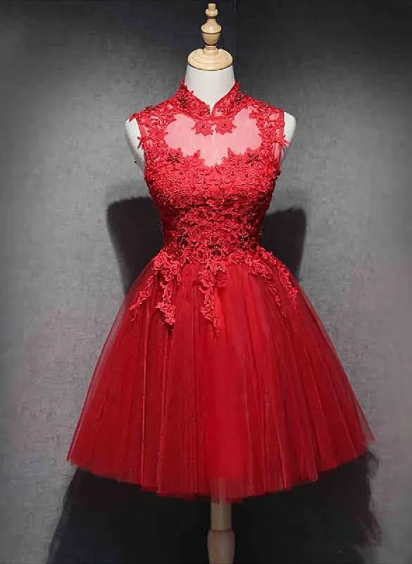 Red Lace High Neckline Tulle Short Homecoming Dress Party Dress, Red Formal Dresses Tunics Lace romantic