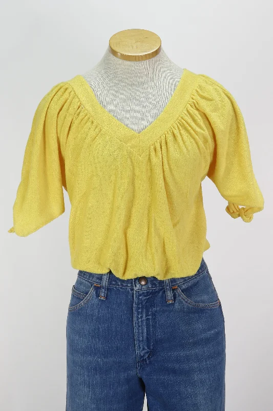 70s Yellow Terry Cloth Crop Top       L Zippered Front Buttoned Front Snap Front