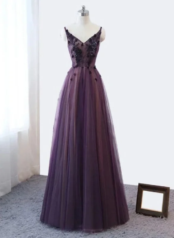 Purple V-neckline Tulle Lace Applique Party Dress Purple Formal Dress Prom Dress Tunics Handmade artisanal