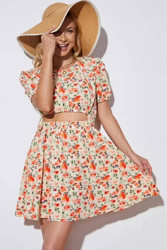 Floral Cutout Short Puff Sleeve Dress Crew Neckline Casual