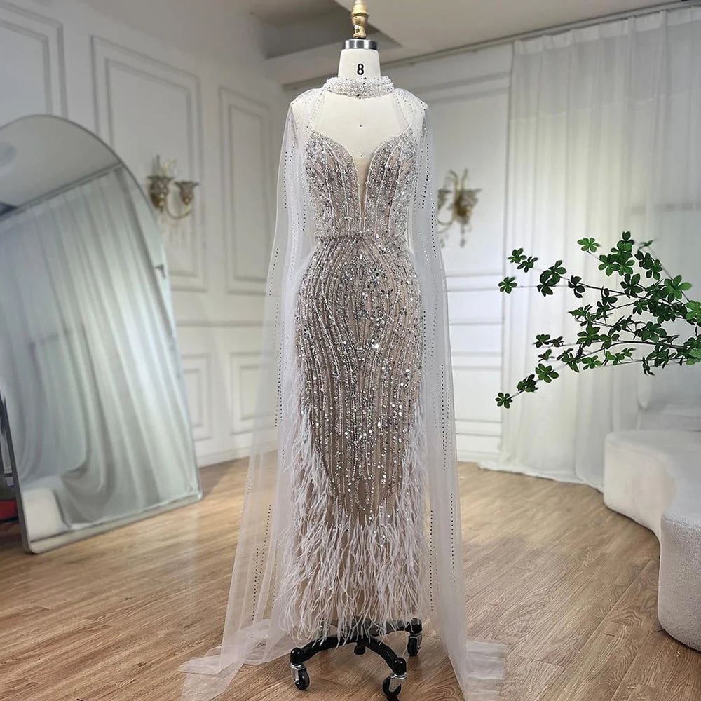 Serene Hill 2024 White Nude Mermaid Wedding Party Dresses with Beaded Feathers Luxury Cape Sleeves  Party Gowns LA72047A Tunics Travel practical