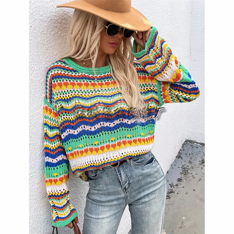 Casual Bohemian Striped Knitted Sweaters Faux Fur Fabric Real Fur Fabric Shearling Fabric