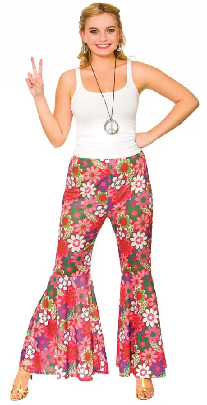 Ladies Flower Power Hippie 60s 70s Trousers Costume Trousers Print Floral