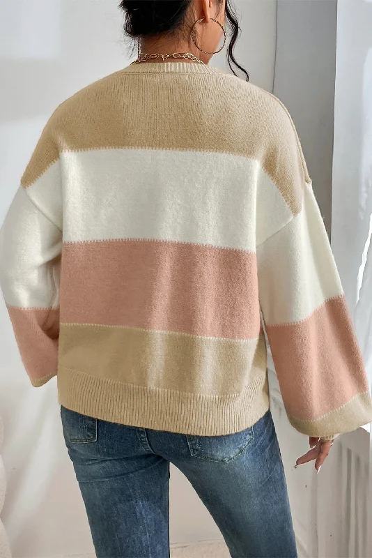 Dusty Pink Color Block Lantern Sleeve Drop Shoulder Sweater Neon Metallic Matte