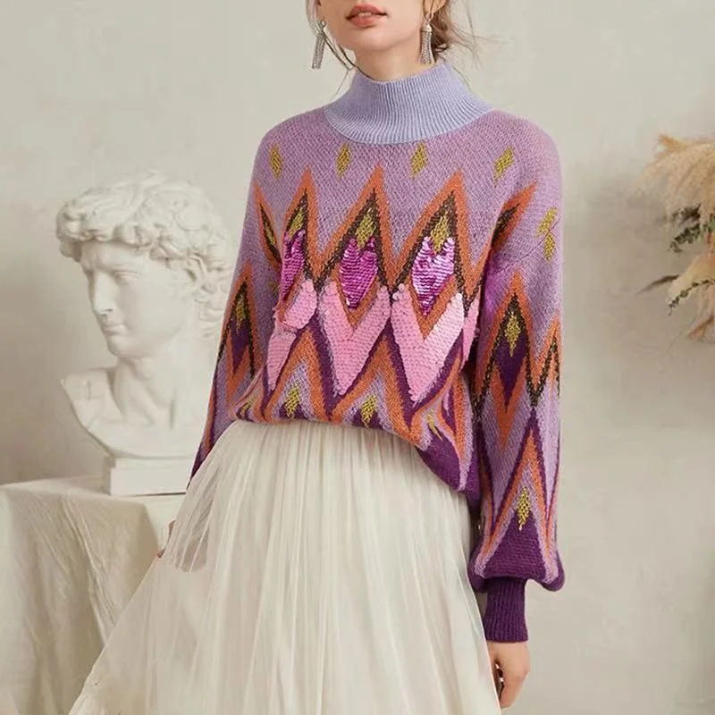 Purple Sequin Embroidered Turtleneck Sweater Collared Crew Neck Turtle Neck