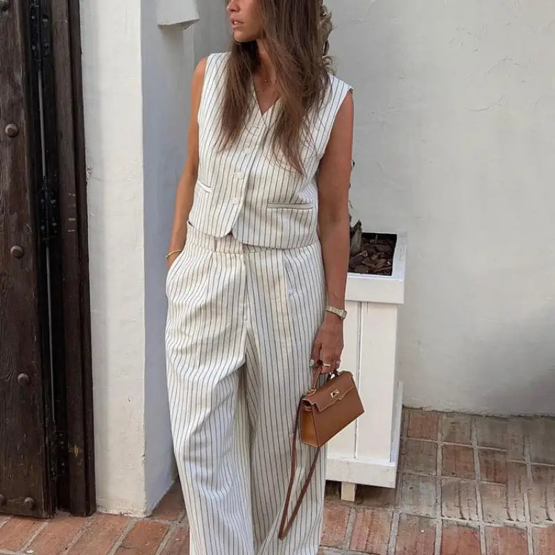 Casual Striped Vest with Full-Length Trousers for Summer Wear Trousers Yoga Stretchy