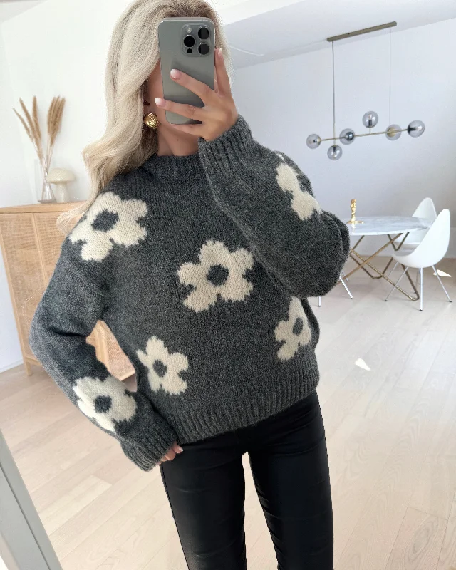 JDY striktrøje kilian flower l/s pullover knit dark grey melan/cloud dancer Set Sleeve Pullover