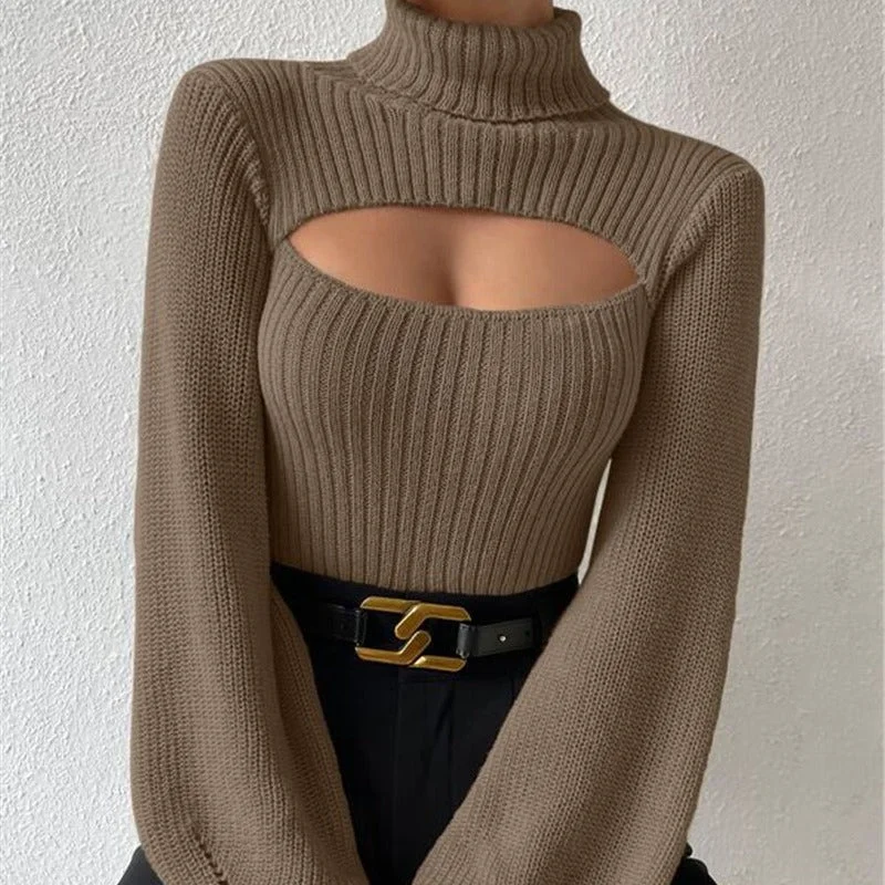 Sexy High Neck Short Knitted Sweaters Cable Knit Ribbed Knit Lace Knit