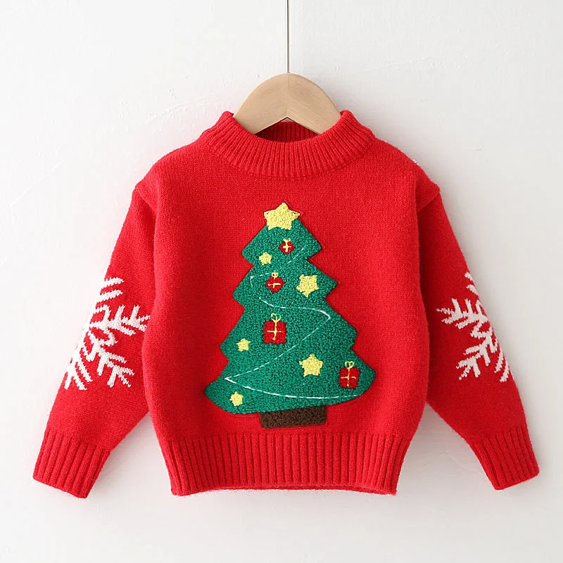 Christmas Tree Design Pullover Sweaters for Kids Textured Knit Design